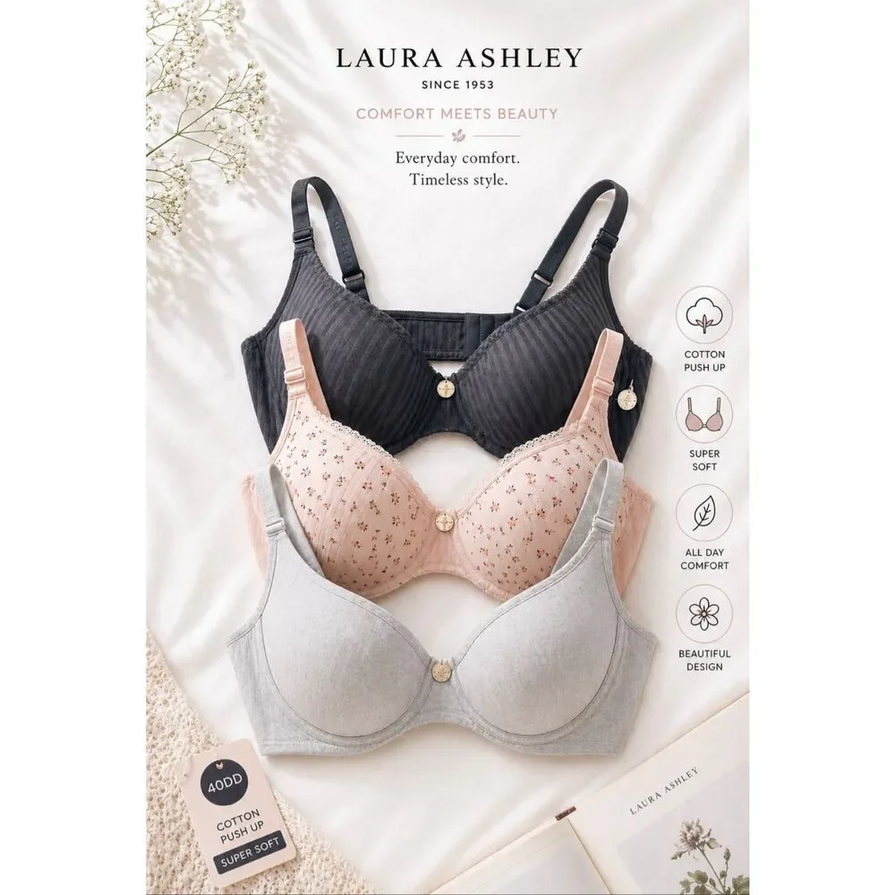 NWT 3 Laura Ashley 40DD Comfort Push Up Soft Floral Cream Grey Underwire Bras